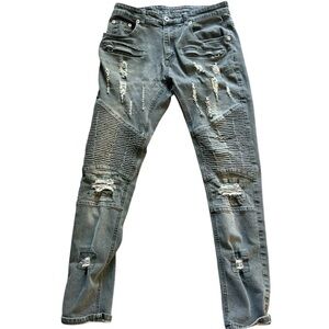 Moto Biker Jeans Black Distressed Slim Fit M Society 32x30